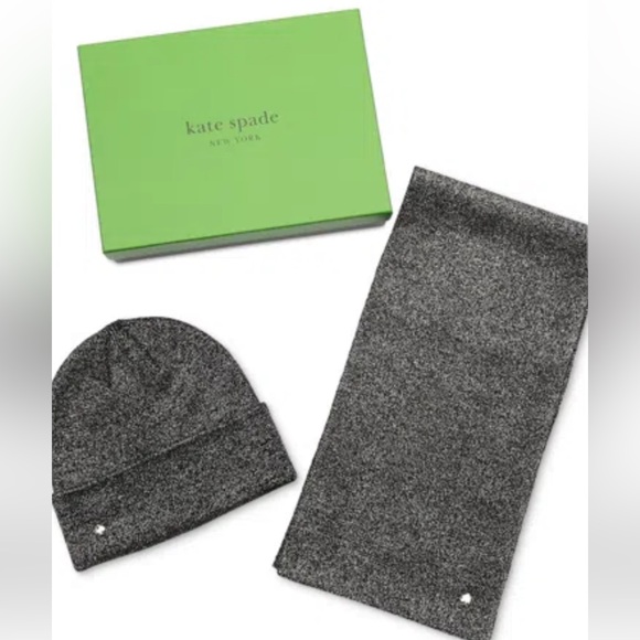 KATE SPADE METALLIC BEANIE & SCARF BOXED GIFT SET IN GUNMETAL - Picture 3 of 7